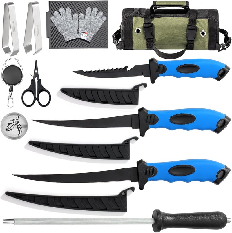 GPUSFAK 10 Pieces Fillet Knife Set, Stainless Bait Knife with Sharpening Rod and Sheath, Professional Filleting Boning Knife for Meat - Image 1